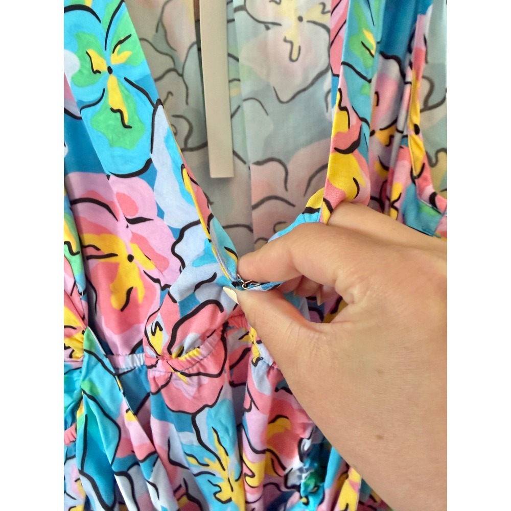 For Love & Lemons Yasmin Floral Mini Dress Blue Pink Plunge V-Neck Large NWT - Picture 11 of 14